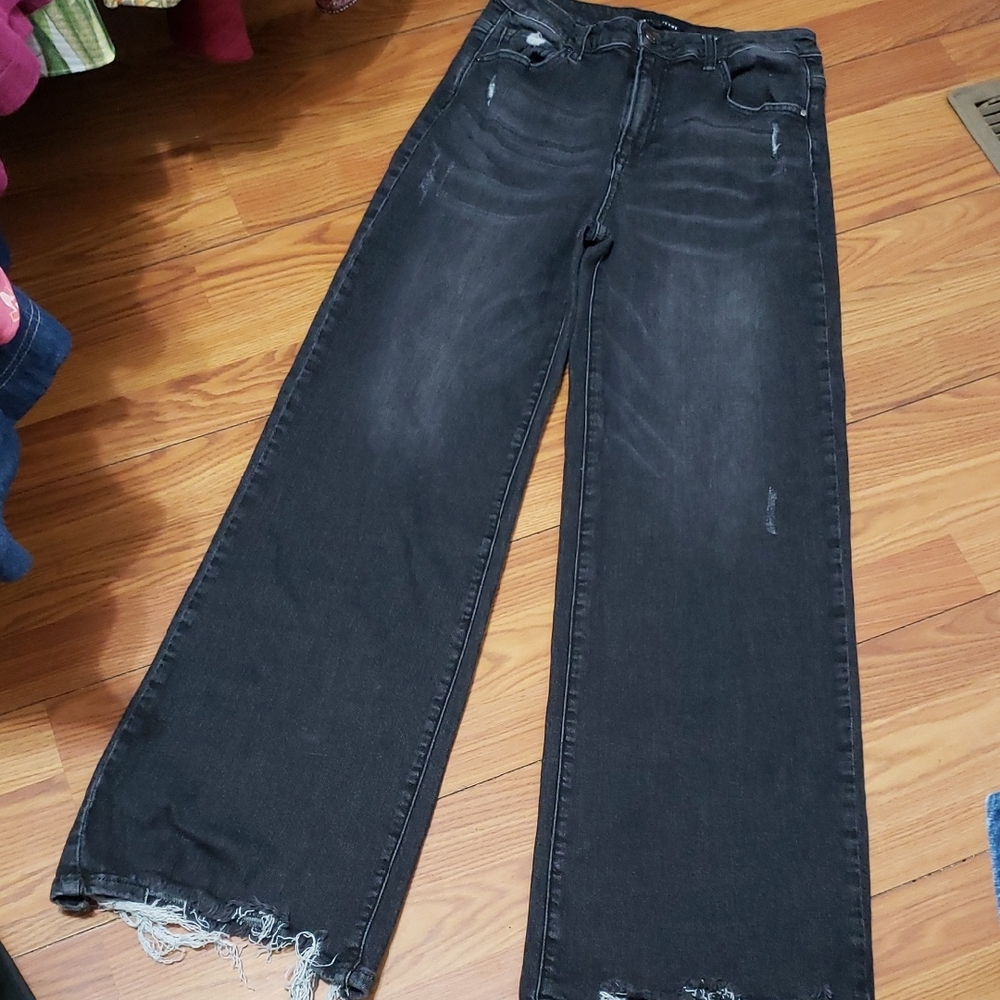 RISEN High Rise‎ Distressed  Black Flare Leg Denim Jeans